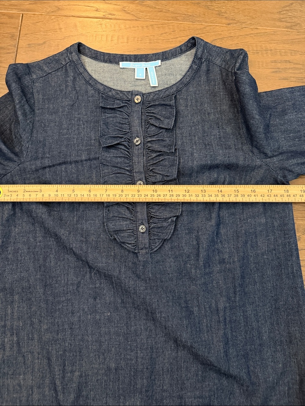Draper James Dark Denim Sz 6 Ruffle Button-Front Bell Sleeve Shift Dress - Picture 6 of 9